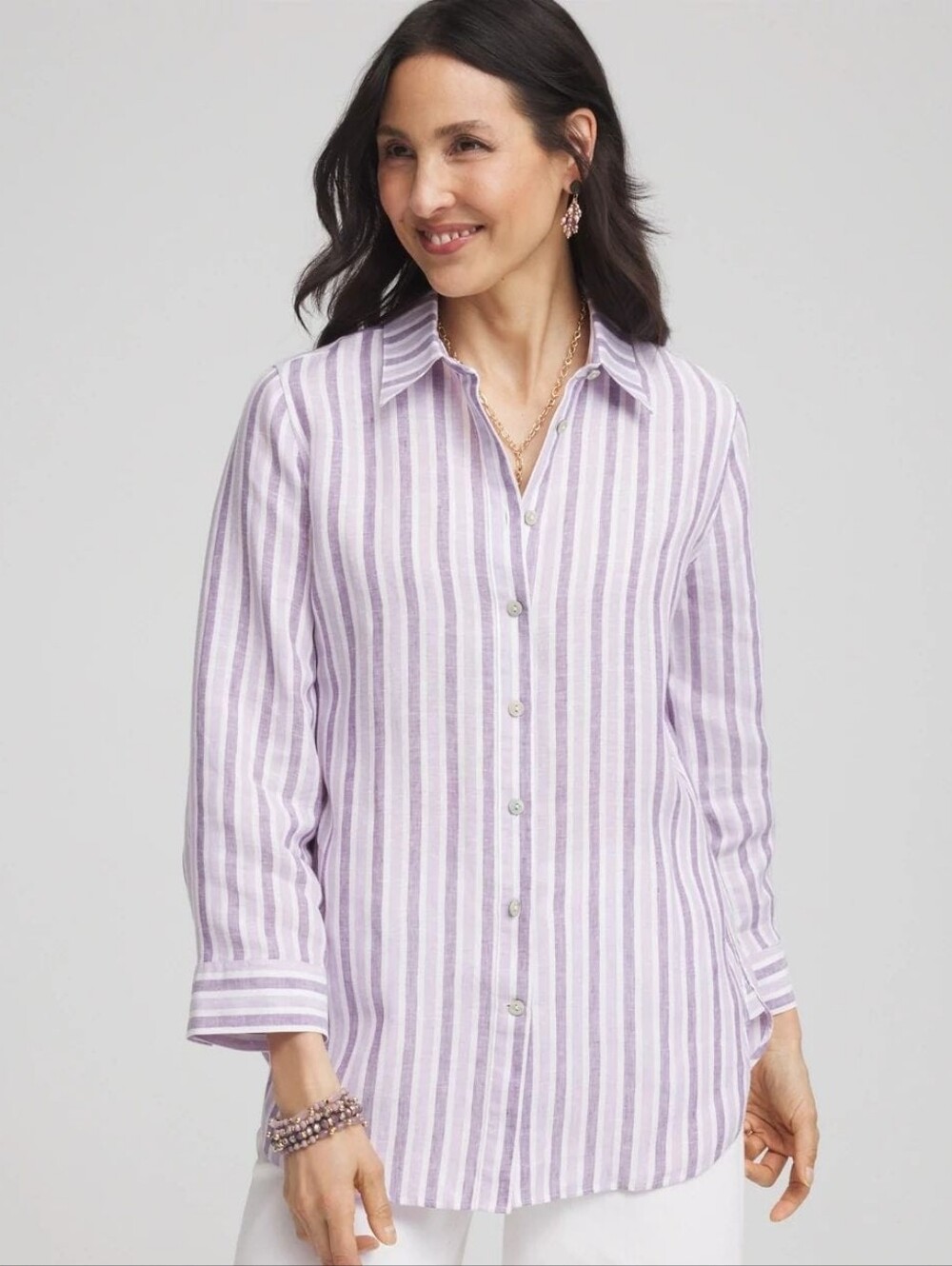 Chico's No Iron Plum Striped Linen Shirt, Size 1.5 (10)